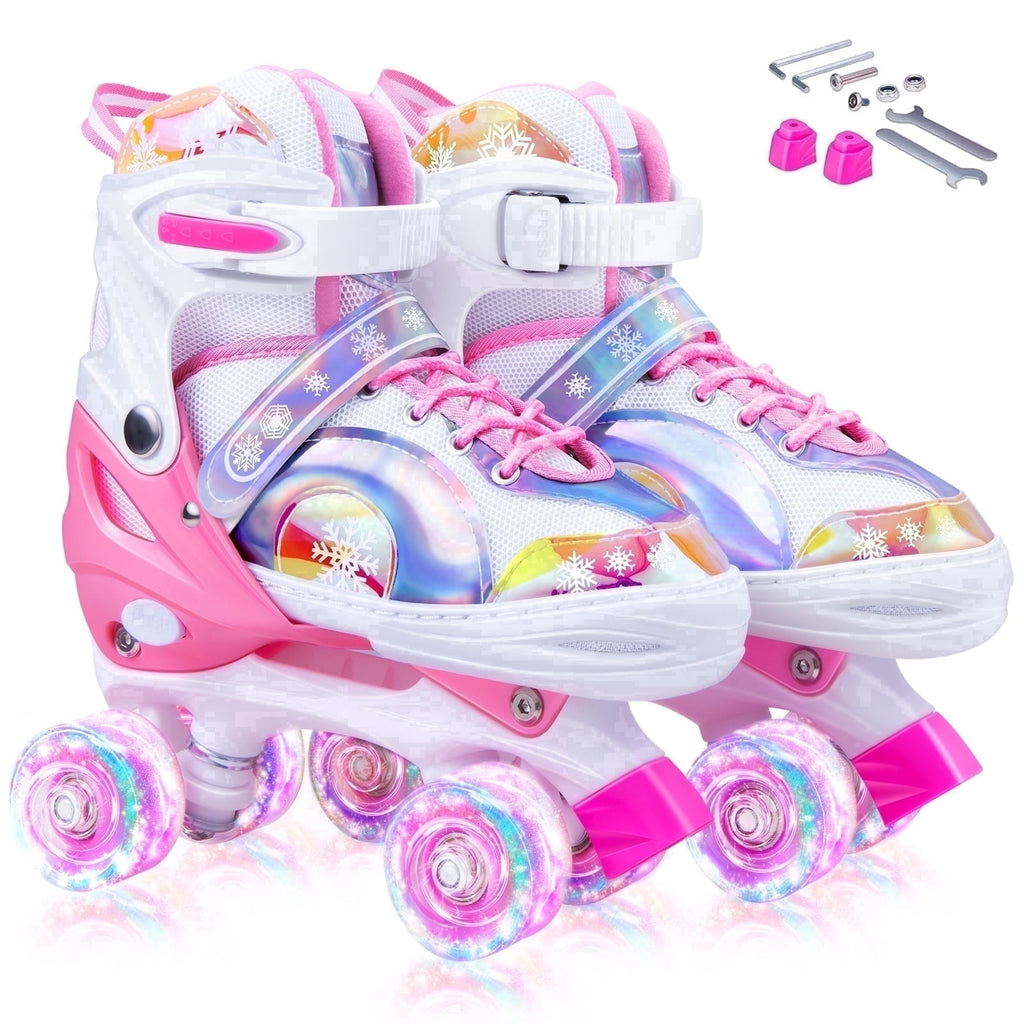 BVIVOK Adjustable Kids Roller Skates for Girls with Light up Wheels, Pink, Size 10C-13C