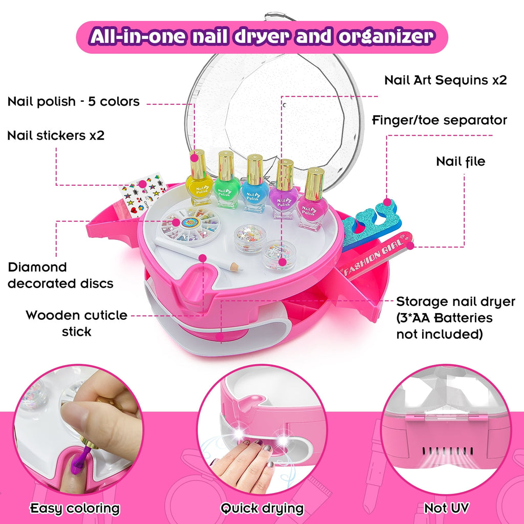 BATTOP Kids Nail Polish Kit for Girls Ages 6-12, Nail Art Set with Nail Dryer, Peel-Off Polish & Organizer